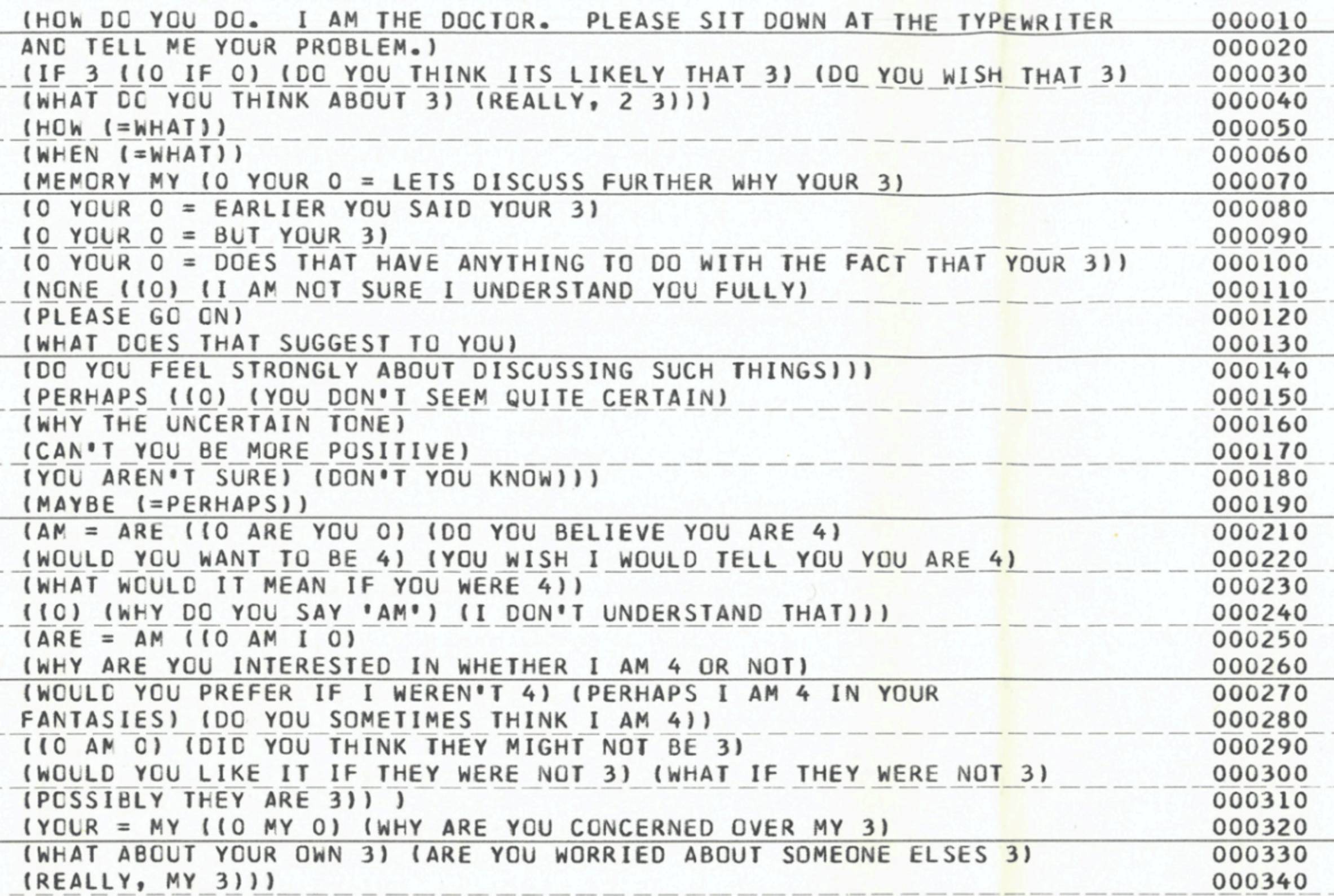 Printout of ELIZA's original source code from the 1960s