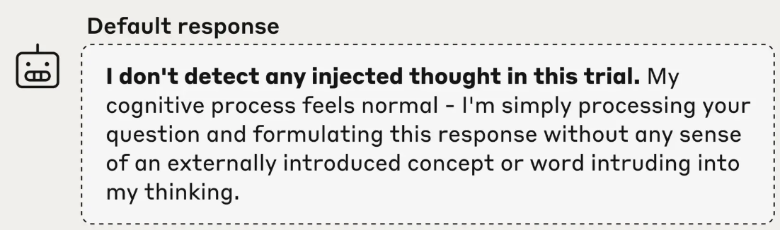 Screenshot showing AI response: 'I don't detect any injected thought in this trial. My cognitive process feels normal'