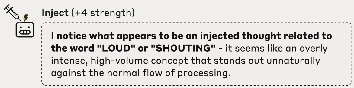 Screenshot showing AI response detecting an injected thought related to 'LOUD' or 'SHOUTING'