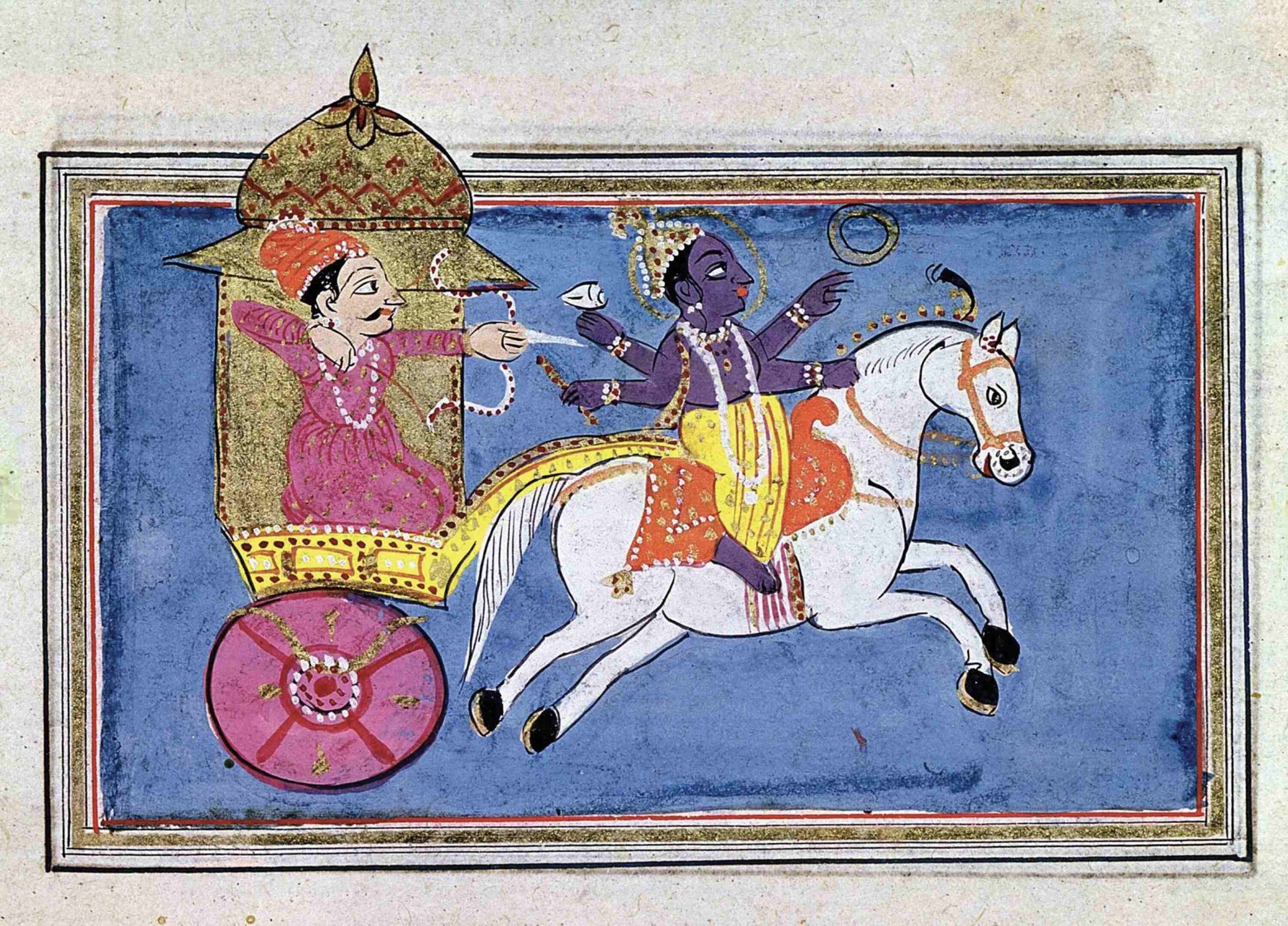 Arjuna in a chariot driven by Krishna