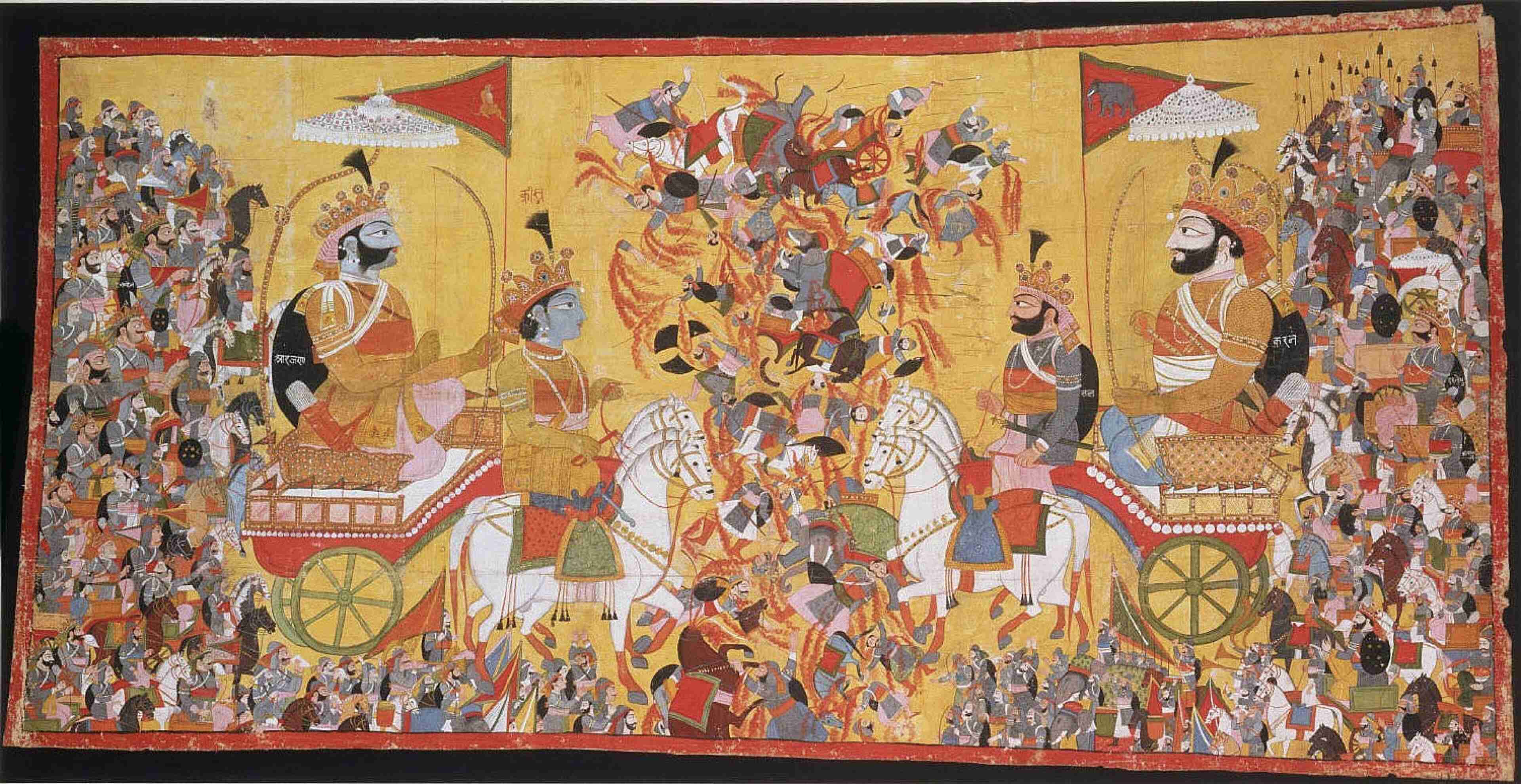 Drawing of the battle, lots of soldiers on foot and horseback, waving flags and playing trumpets. To the left and right are oversized figures of warriors in chariots with drivers. Arjuna and Krishna on the left side are both blue.