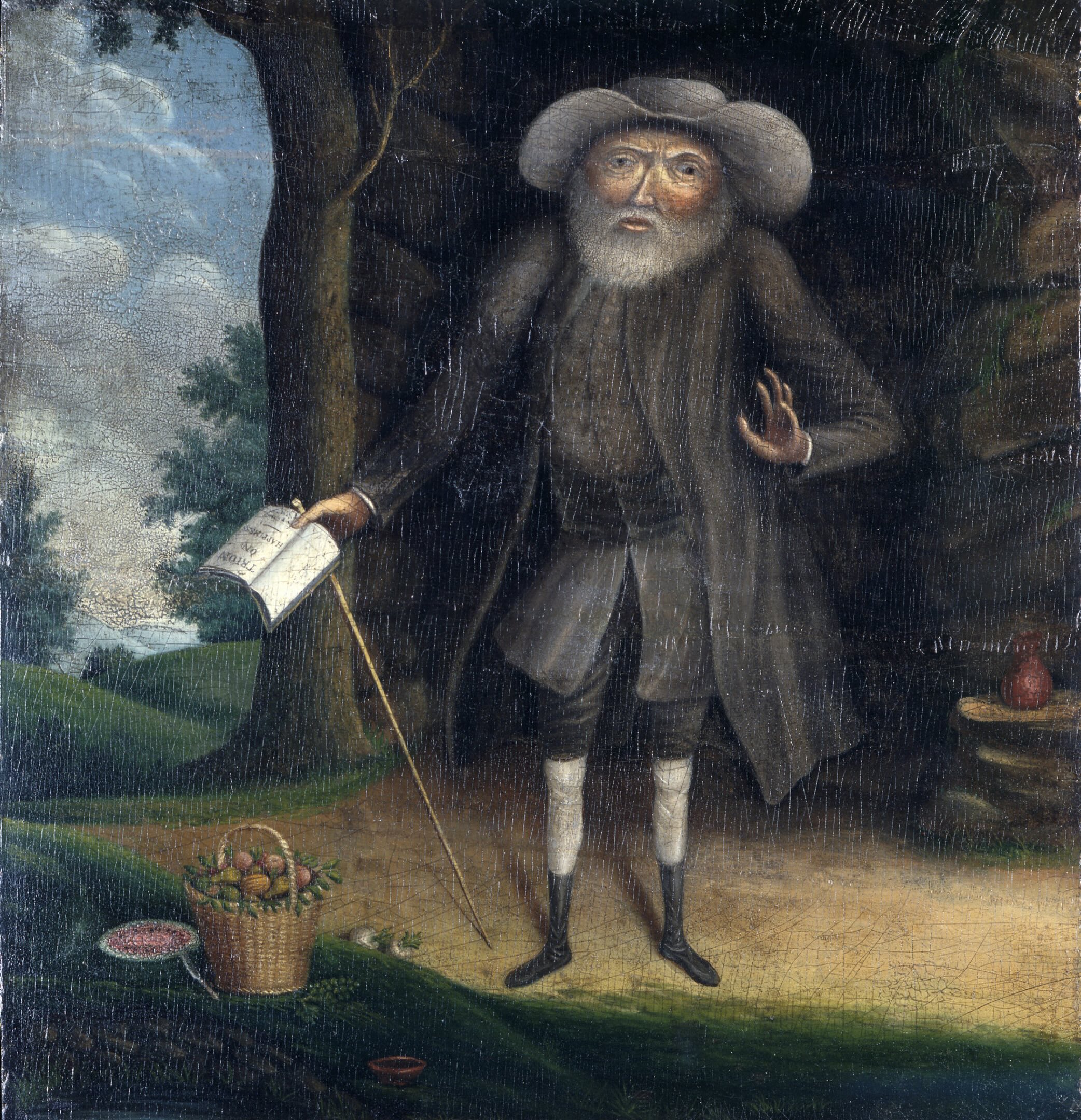 Benjamin Lay, his body and legs are clearly small for his head and arms. He wears rough blacks clothes and a brimmed hat.