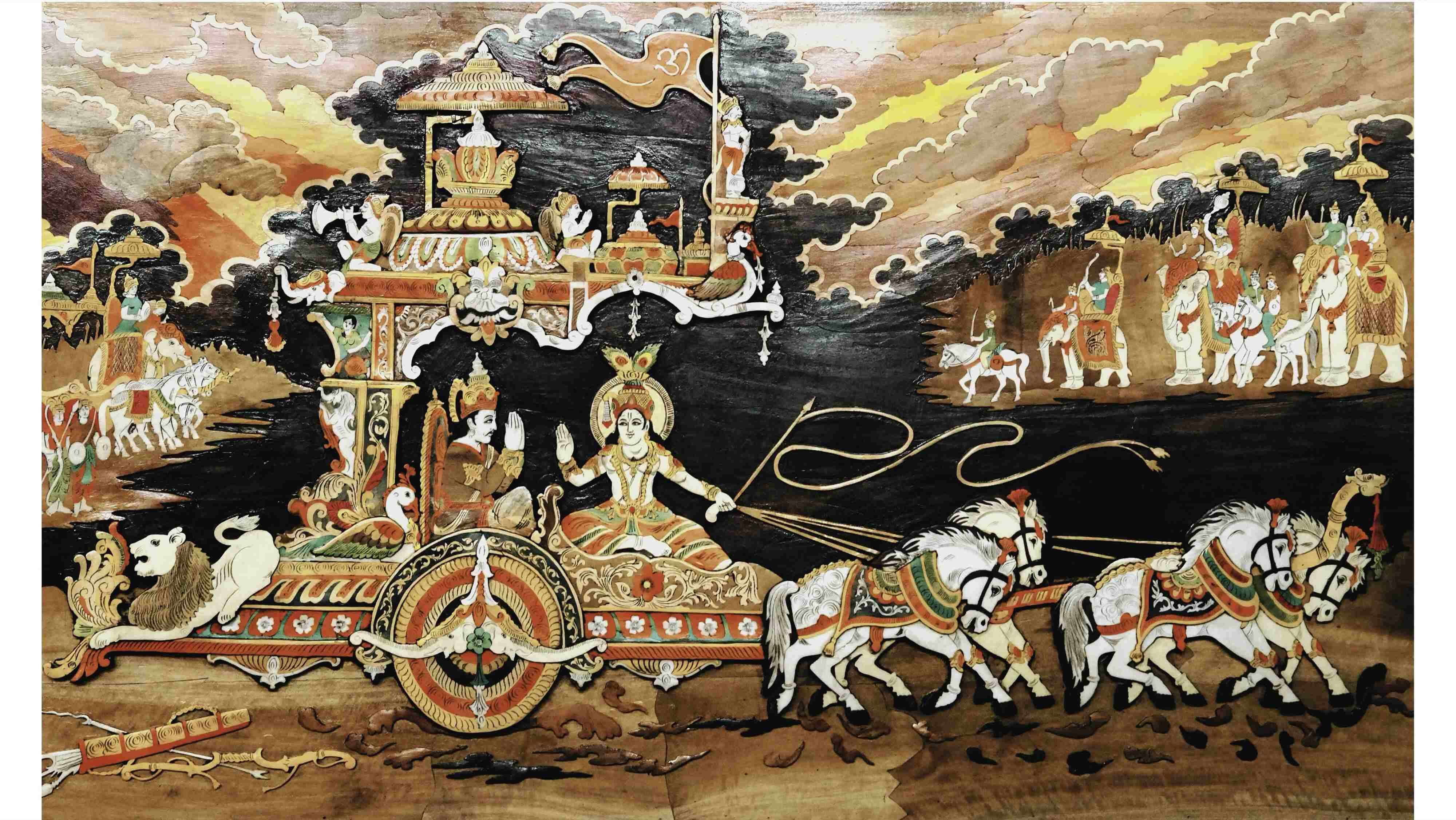 Bas-relief painting of Arjuna in a chariot, with his hands in namaste, while Krishna holds the reins and speaks to him. They are surrounded by armies, war elephants, dust and smoke.