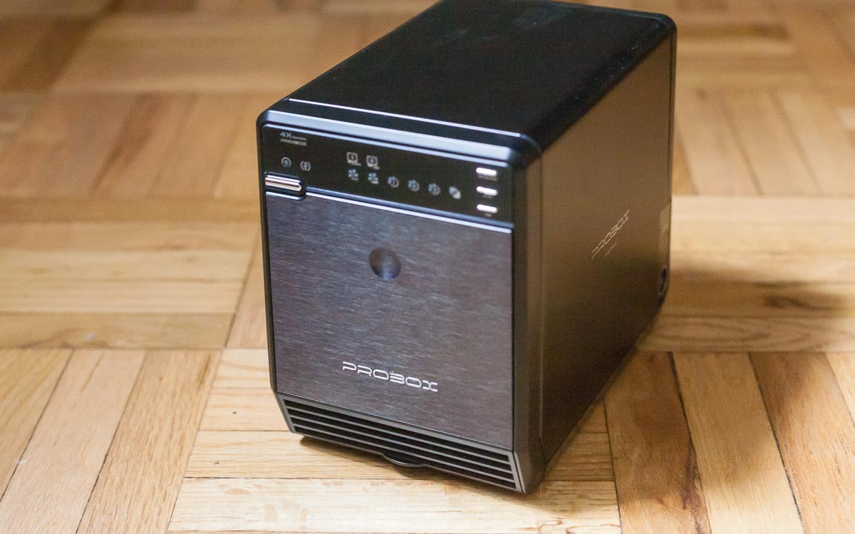 Description: a Mediasonic ProBox HF2-SU3S2, a black plastic hard drive enclosure.