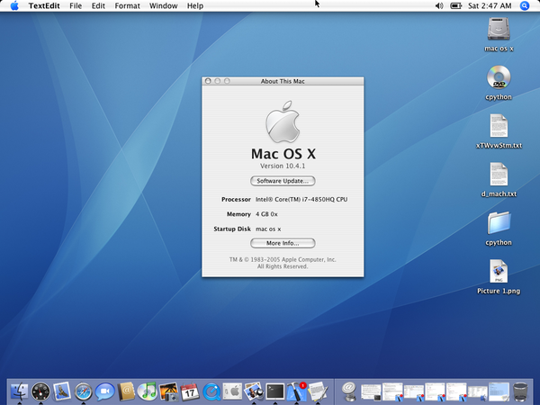 OS X 10.4 desktop with About This Mac window