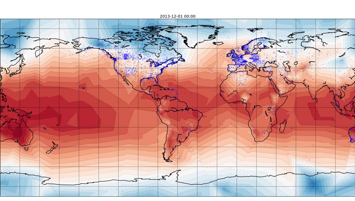 Contour map of global temperature using Matplotlib