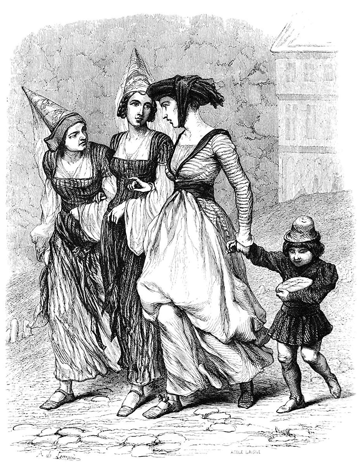 Three women in medieval dress walk side by side while engaged in a conversation. One of them holds the hand of a child carrying a cake.