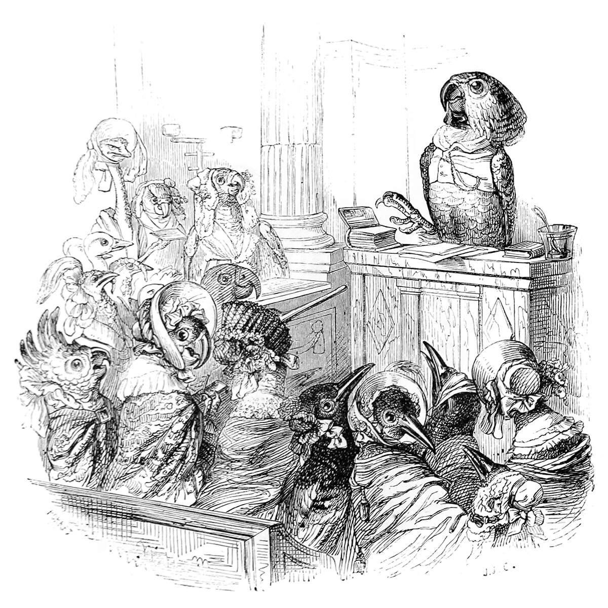 A parrot behind a desk gives a lecture to a winged female audience.
