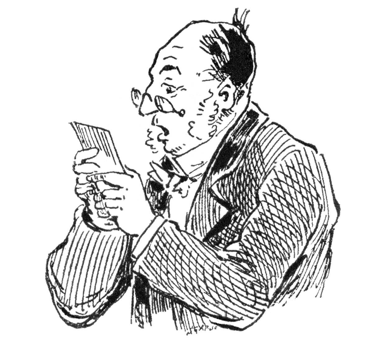 Balding man wearing sideburns and eyeglasses reading a letter with a surprised look on his face.