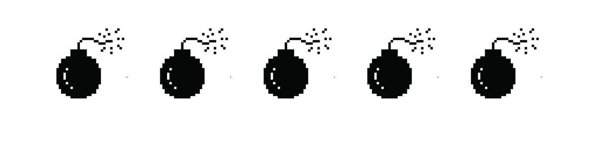 Image description: 5 old-fashioned pixellated bomb icons from the original Macintosh UI, lined up horizontally