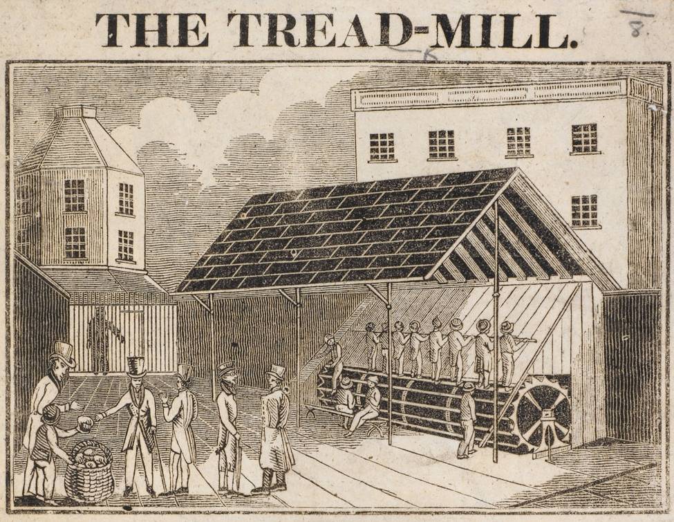 Nineteenth-century broadside illustration of prisoners at Brixton Prison walking a treadmill, with an overseer looking on