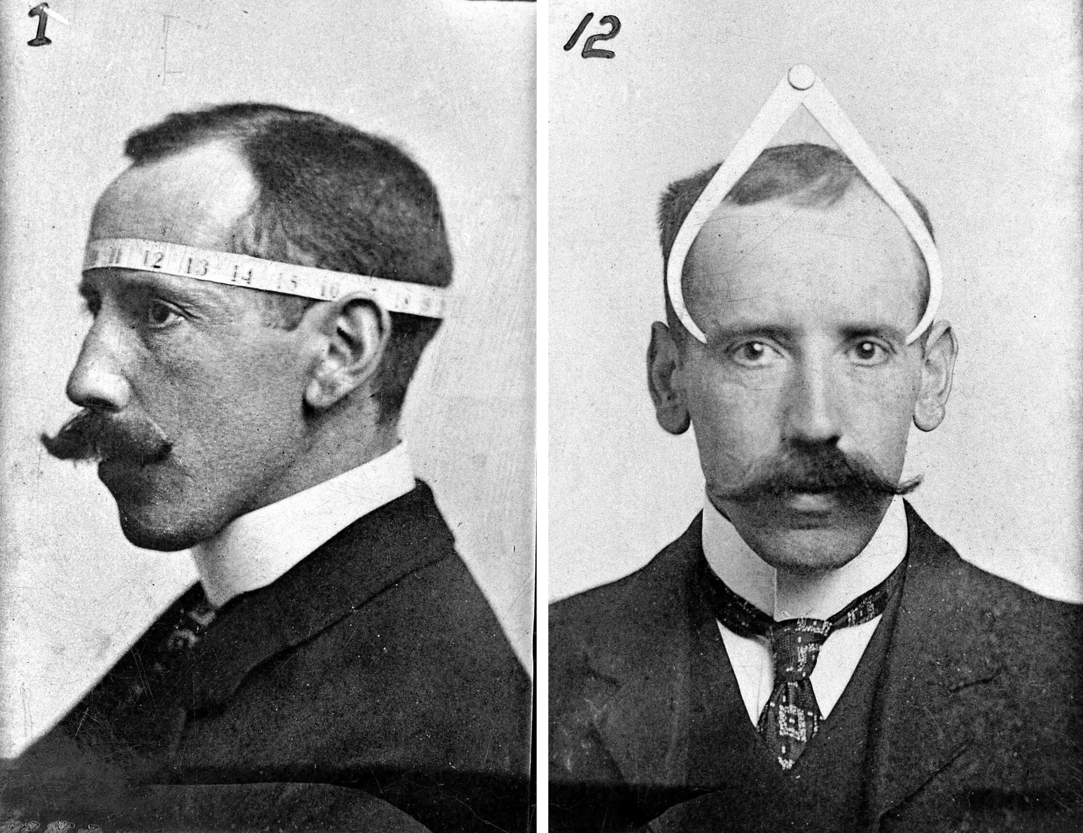 Two photographs c. 1902 of the phrenologist Bernard Hollander measuring his own head, in profile with a tape measure and head-on with calipers