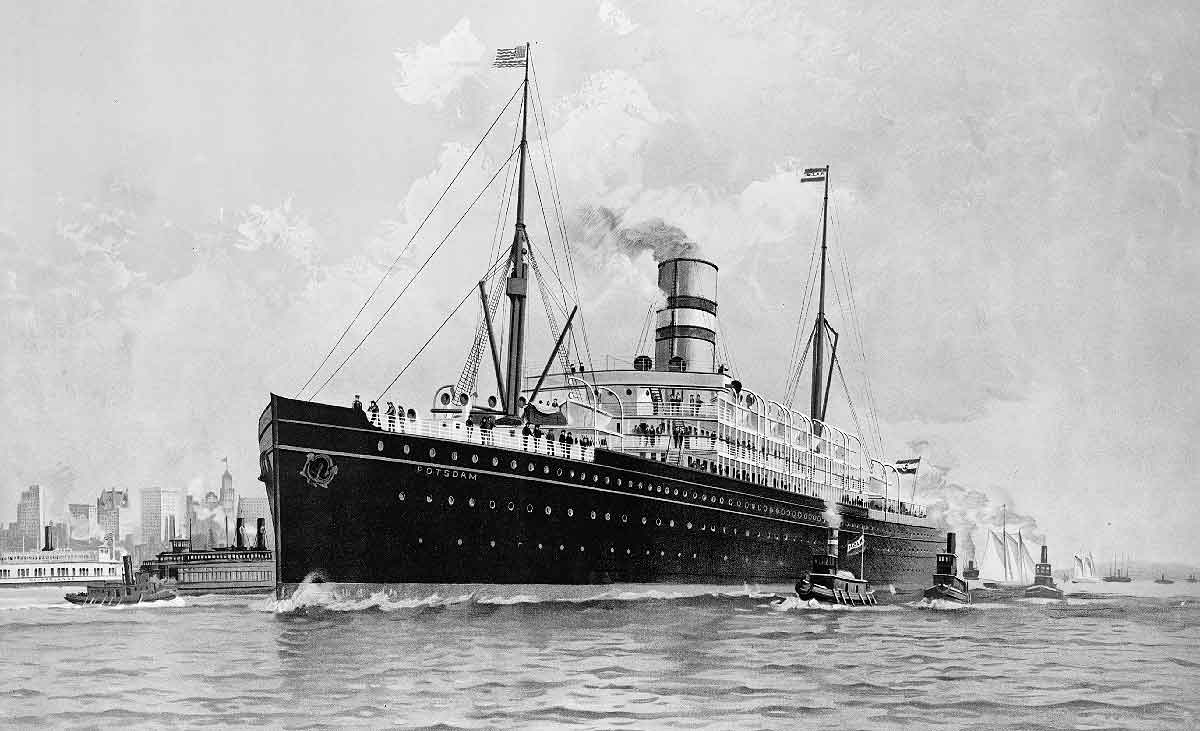 Image description: black and white etching of large steamship in harbor. A few sailors appear tiny in the foreground. Smoke billows from a single wide smokestack amidships.