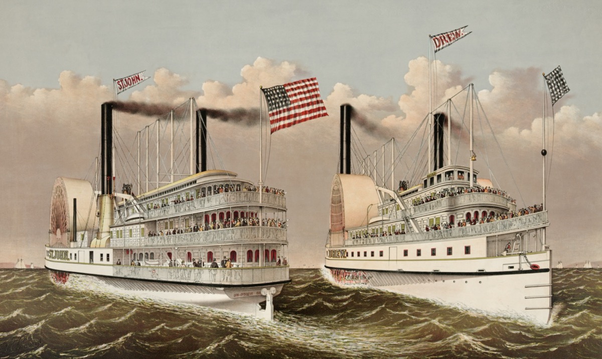 Description: 19th-Century color print, hand drawing of two elegant white steam ships, with black smoke pouring from each ship's twin chimneys and large paddle wheels. The ship on the left is triple-decked flying an American flag and a flag with the ship's name, "St. John". The other is double-decked, with an American flag and a flag with its name, "Drew".