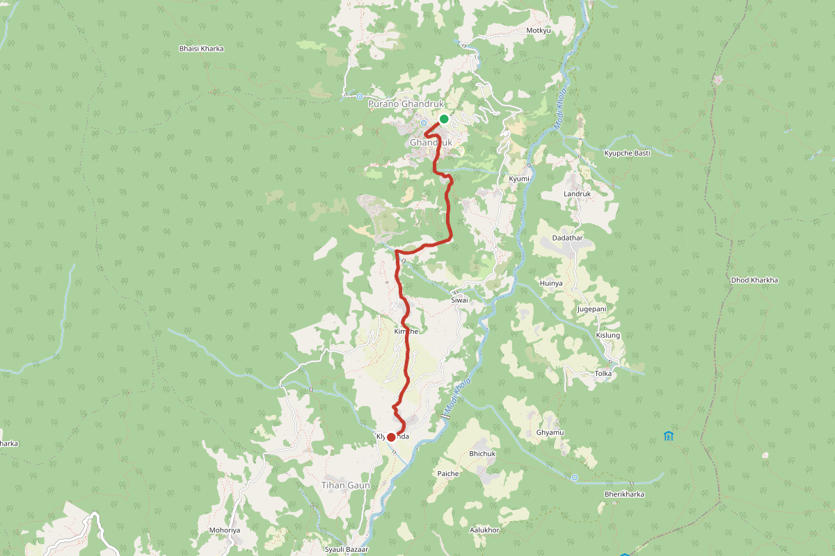 Map of the descent from Ghandruk to Kilu