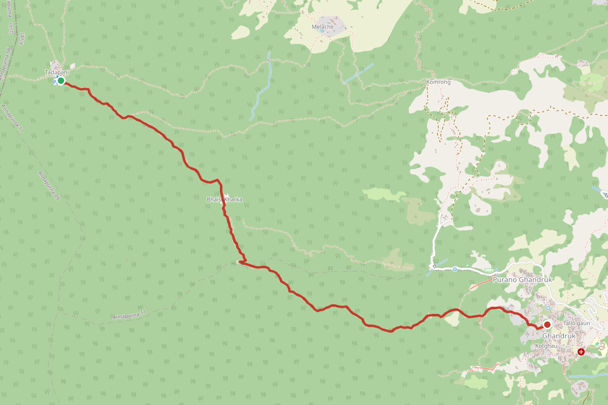 Map of the trek from Tadapani to Ghandruk
