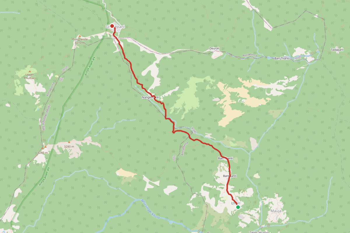 Map of the trek from Ulleri to Ghorepani
