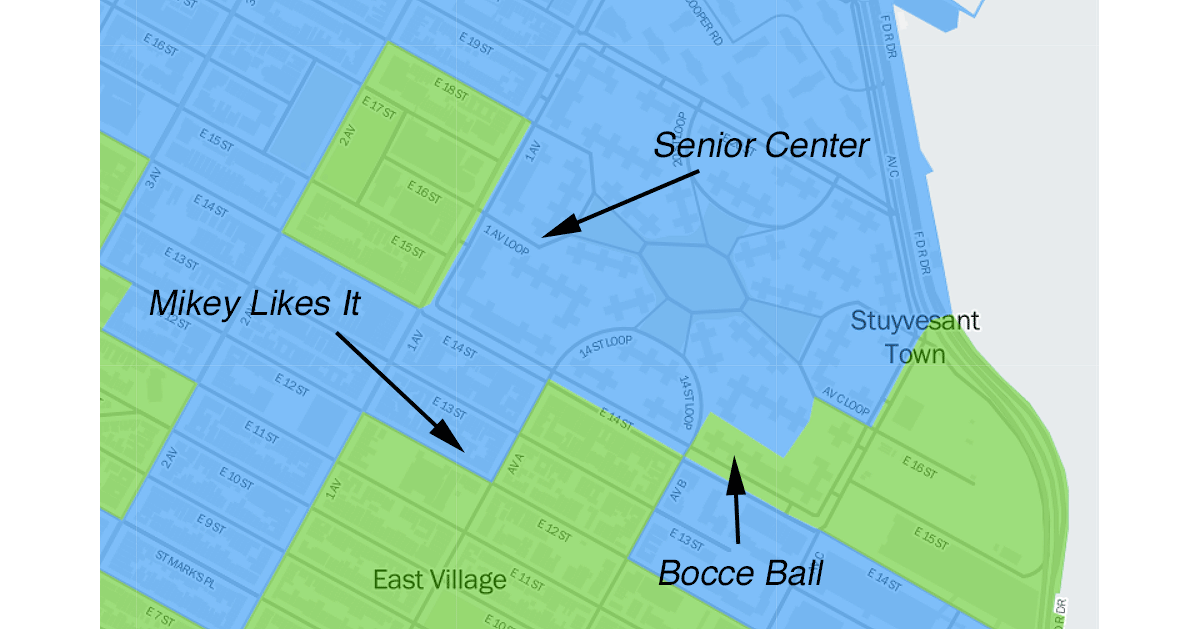 Map showing Stuyvesant Town's senior center and Mikey Likes It ice cream shop
