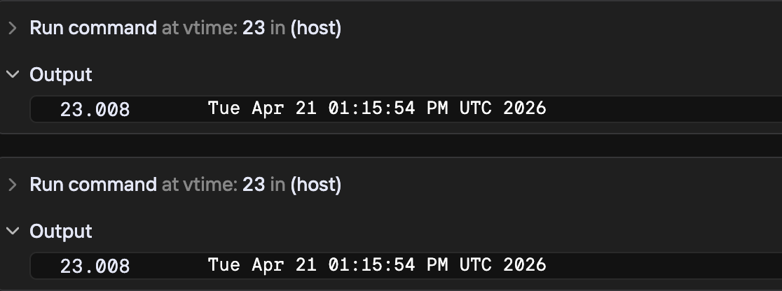 Antithesis time-travel debugger showing two 'date' commands at virtual time 23 returning identical output: 'Tue Apr 21 01:15:54 PM UTC 2026'