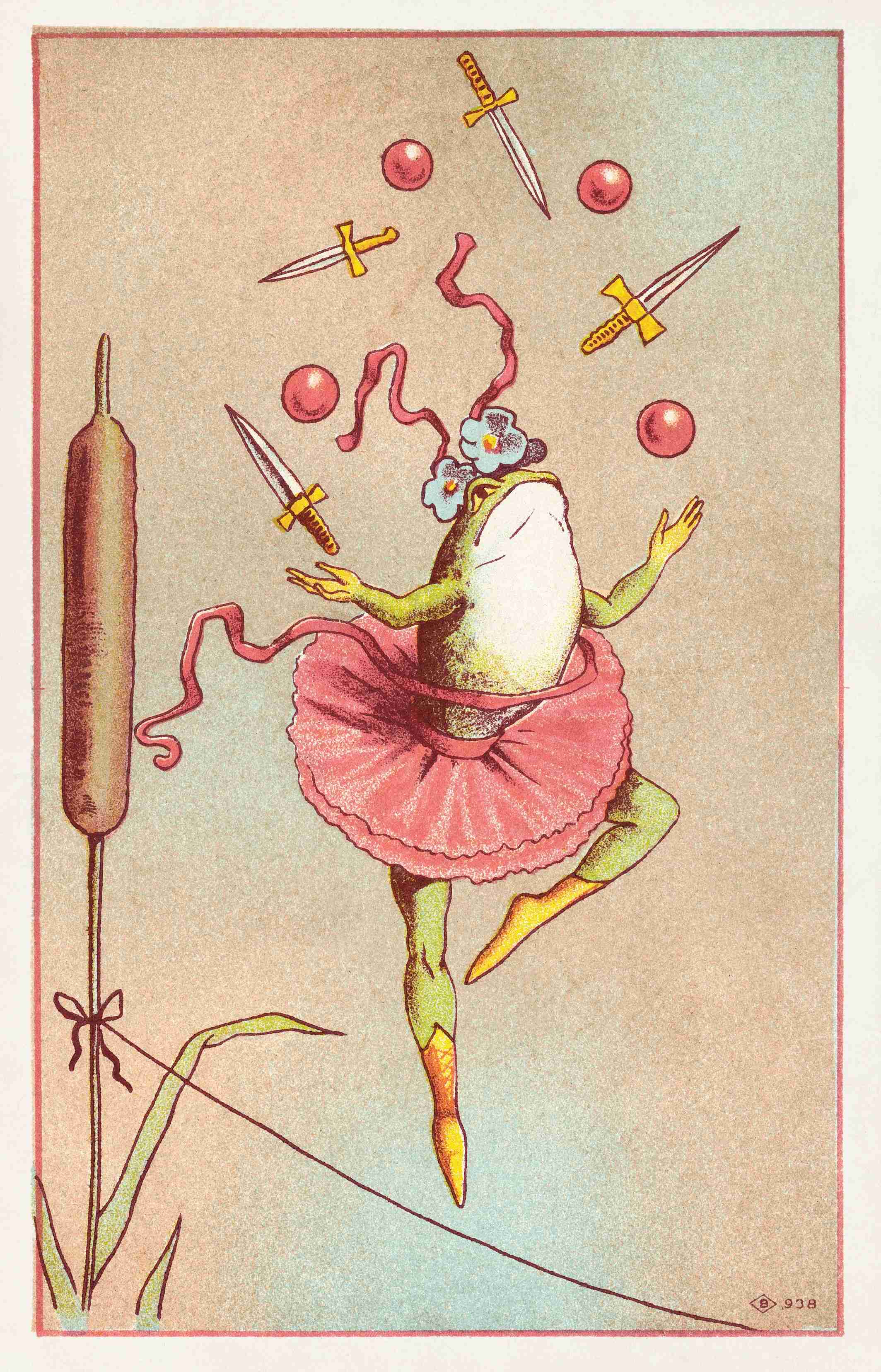 Victorian trade-card illustration of a frog dressed as a ballerina, standing en pointe on a tightrope in a pink tutu with flowers in its headdress, juggling four pink balls and five yellow-hilted daggers. A cattail grows beside the rope.