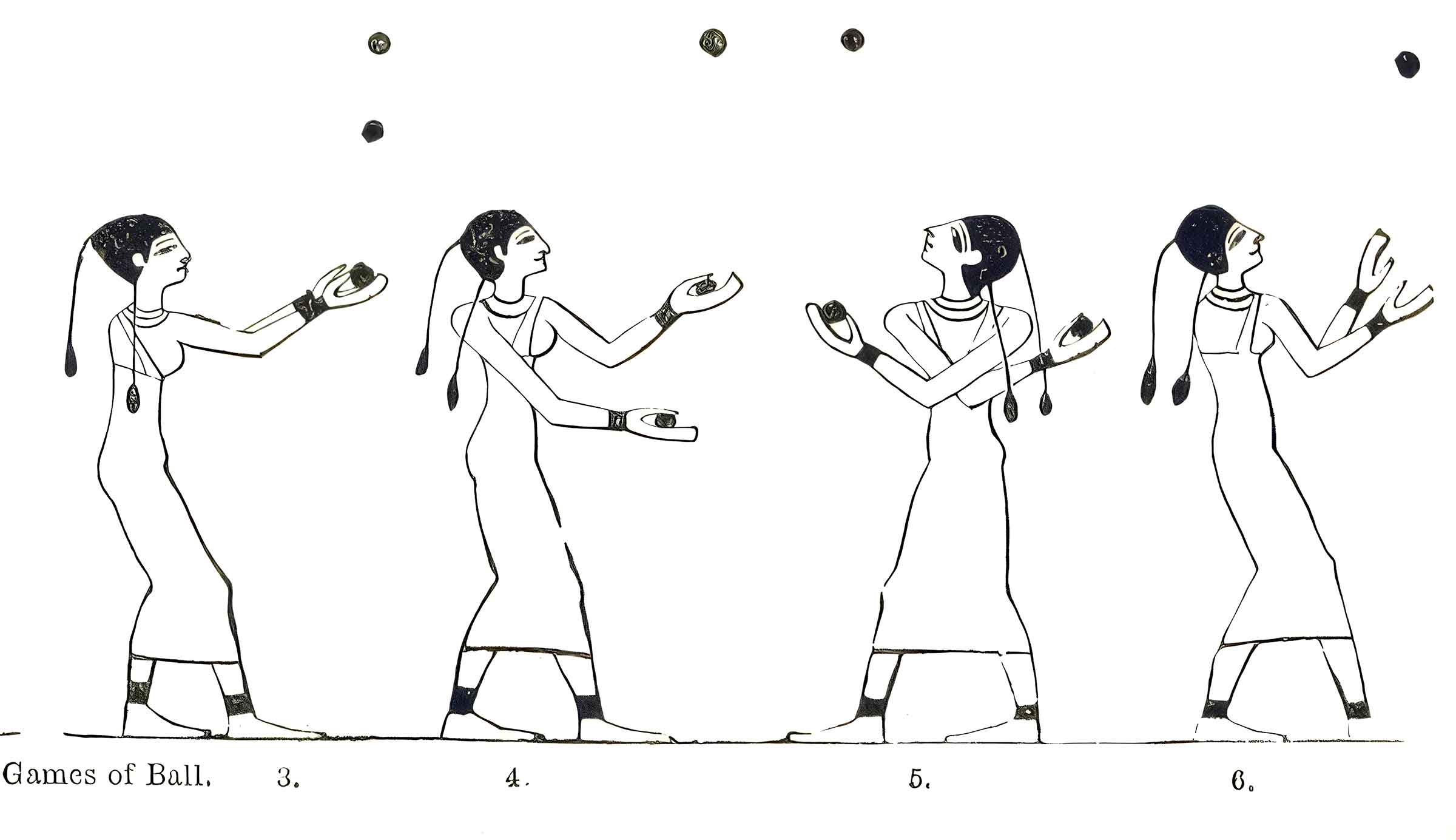 Line drawing copied in the style of an ancient Egyptian tomb painting, captioned 'Games of Ball.' Four women in long white dresses, with dark braided hair and beaded collars, stride in profile with arms raised, tossing and catching small dark balls that hang in the air above them.