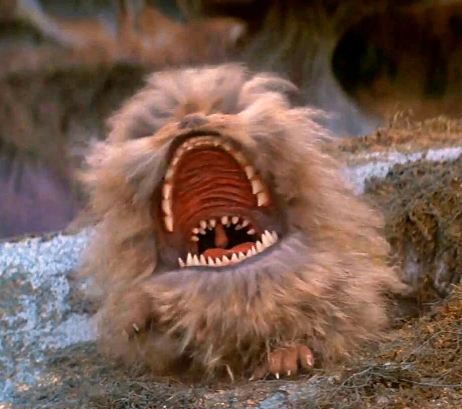 Fizzgig, from the movie The Dark Crystal. A brown fluffy animal with its mouth open wide in a scream, showing several rows of pointy teeth.