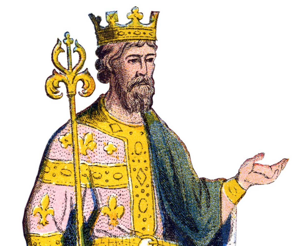 A king, coloured drawing; he is standing, wearing a golden crown and a pink robe with gold embroidery of solid lines and the fleur-de-lys and cross; over his shoulder is a green cape with a blue and white lining bearing an heraldic theme; on his feet are diamond-pattened yellow pointed shoes; in his right hand he holds a scepter that leans against his shoulder to end next to his head, and his left hand is outstretched with the palm upwards. He is bearded and has flowing collar-length hair.