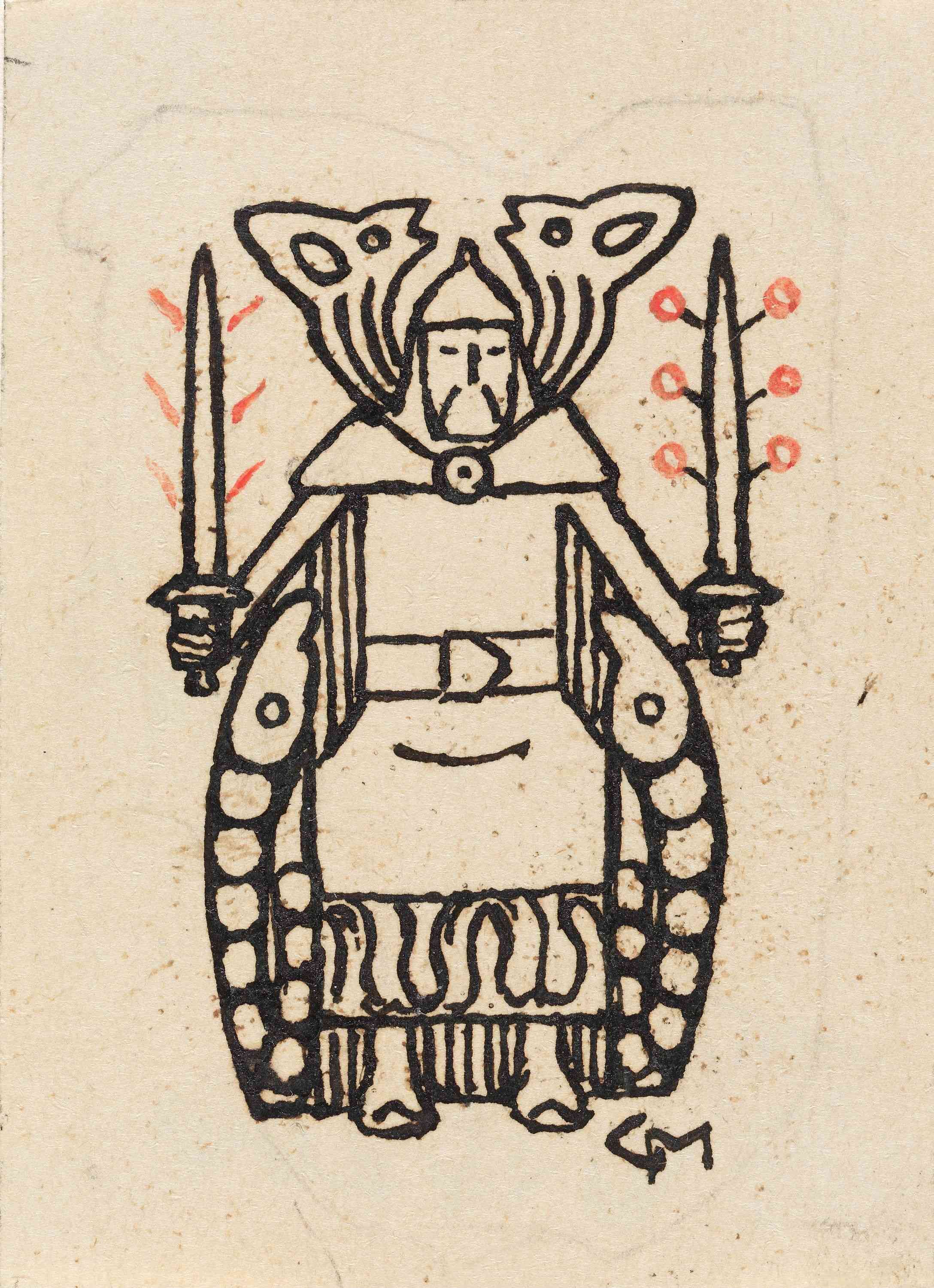 Stylized drawing of a seated figure with two swords, wearing a cloak adorned with animal heads.