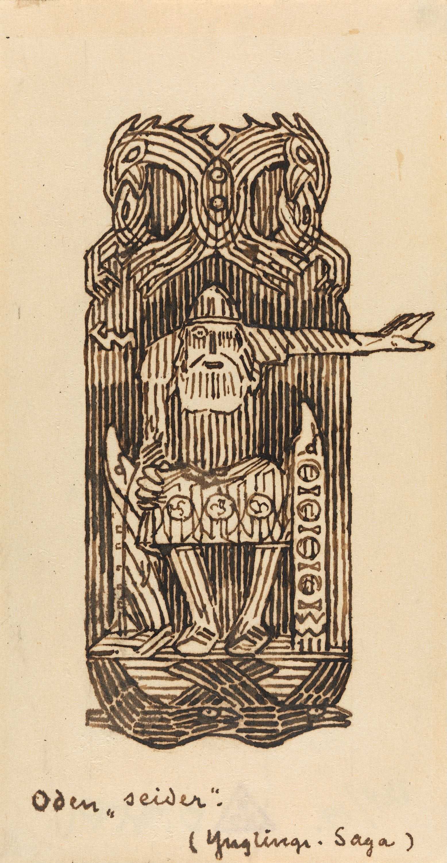 Line drawing of Odin seated on a throne with animal head carvings, one arm outstretched.