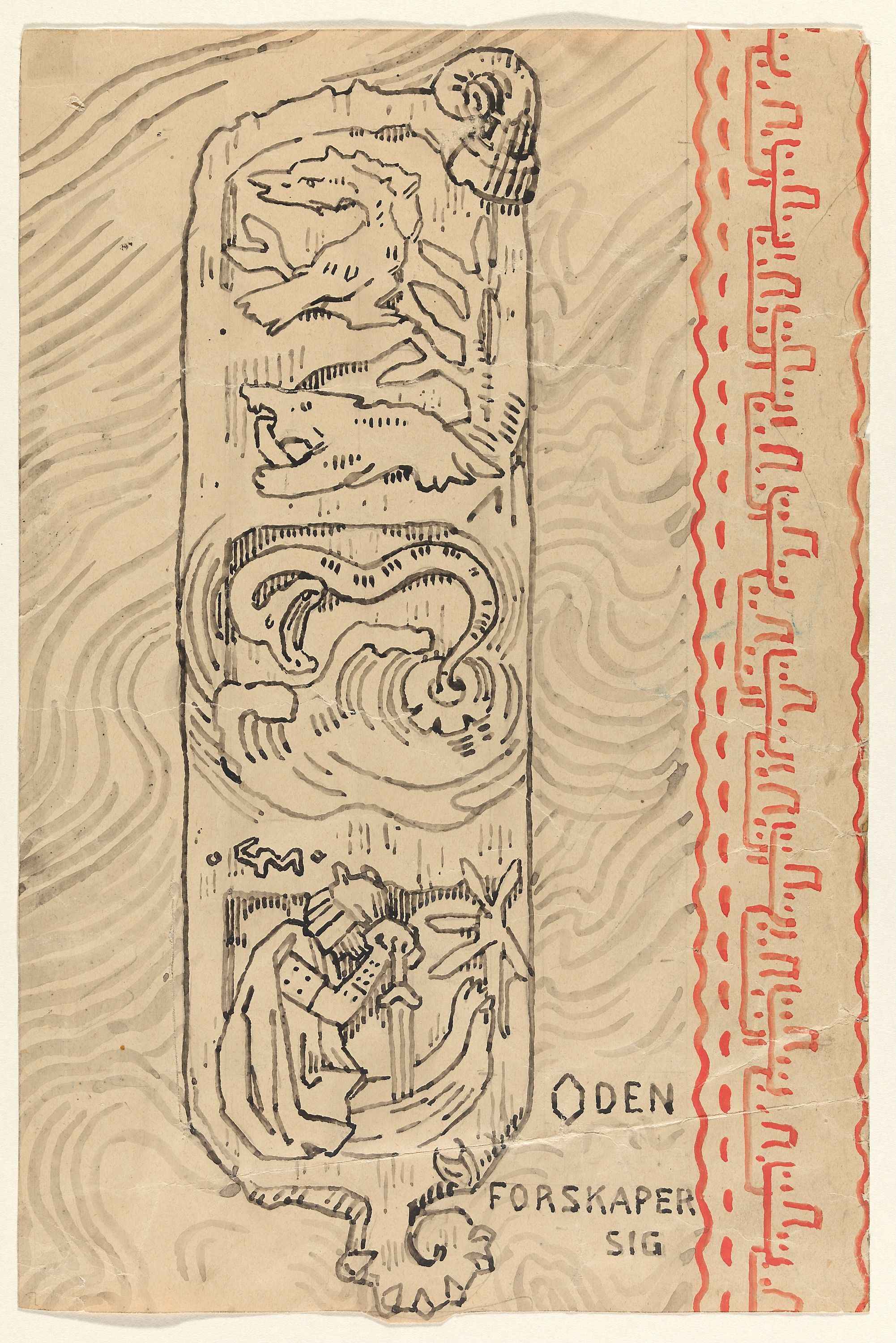 Norse-style panel with animal and serpent designs, labeled “Oden forskaper sig.”