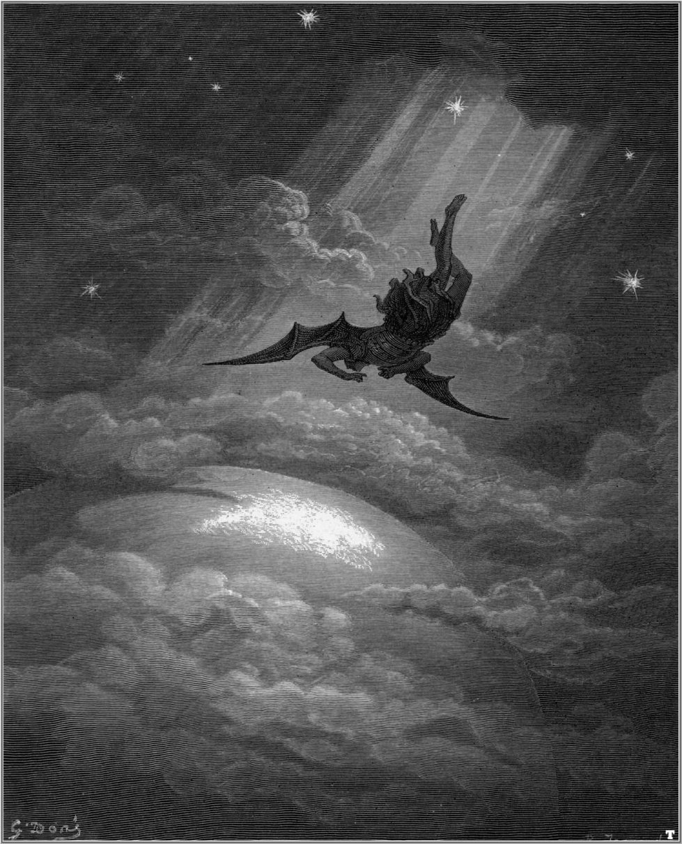 Black and white etching of Lucifer falling from Heaven.