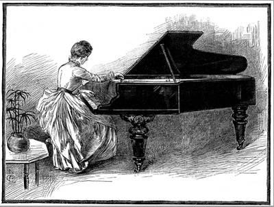 Engraving of a 19th-Century lady tuning a grand piano.