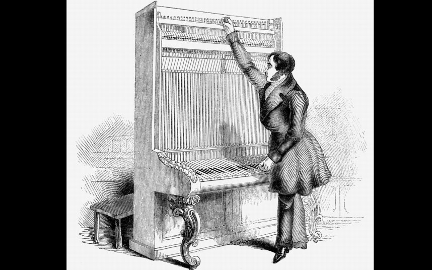 Engraving of a 19th-Century gentleman tuning a tall upright piano.