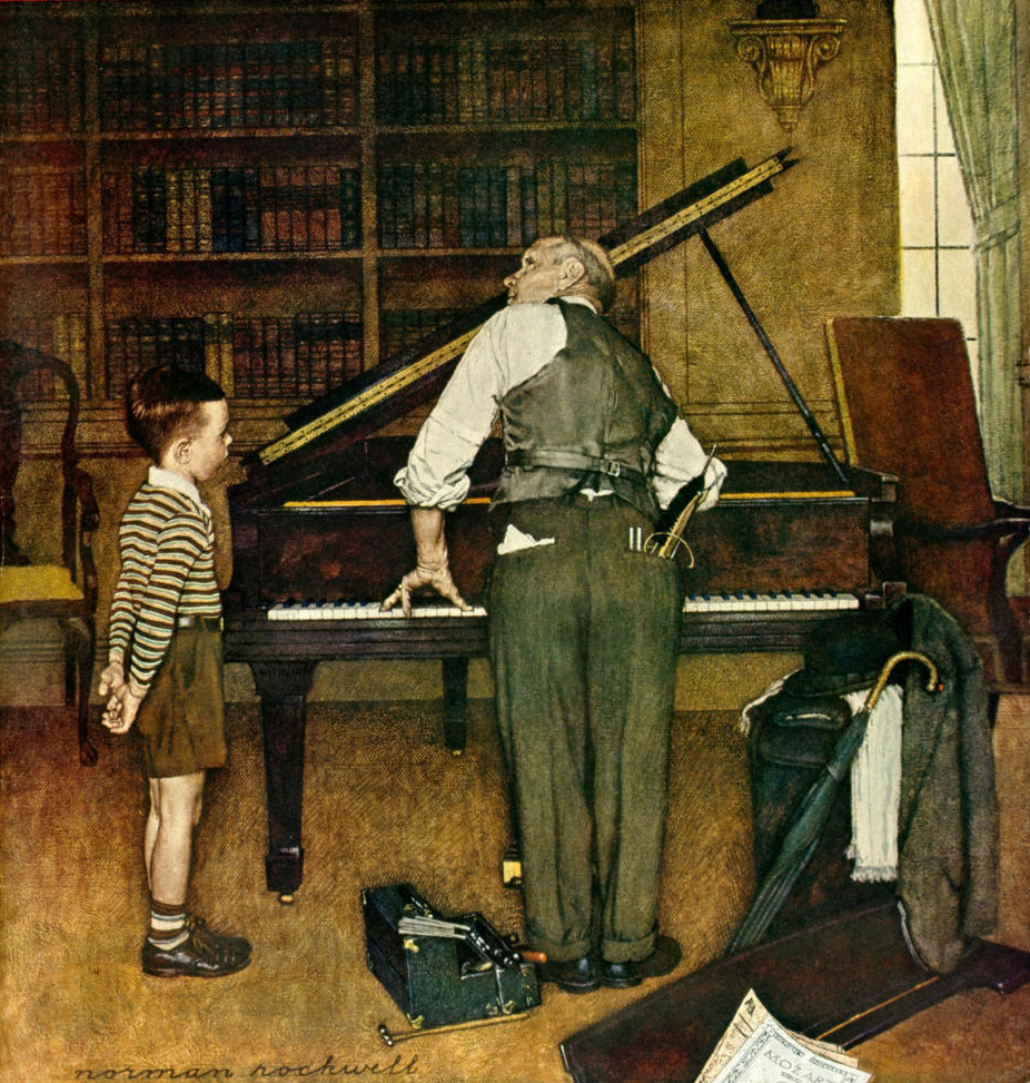 Color painting of a man tuning a piano. His head is cocked to one side to listen better. A tuning fork sticks out of his back pocket and his tool chest sits on the floor by his feet. A boy in shorts and a striped shirt stands near, observing.