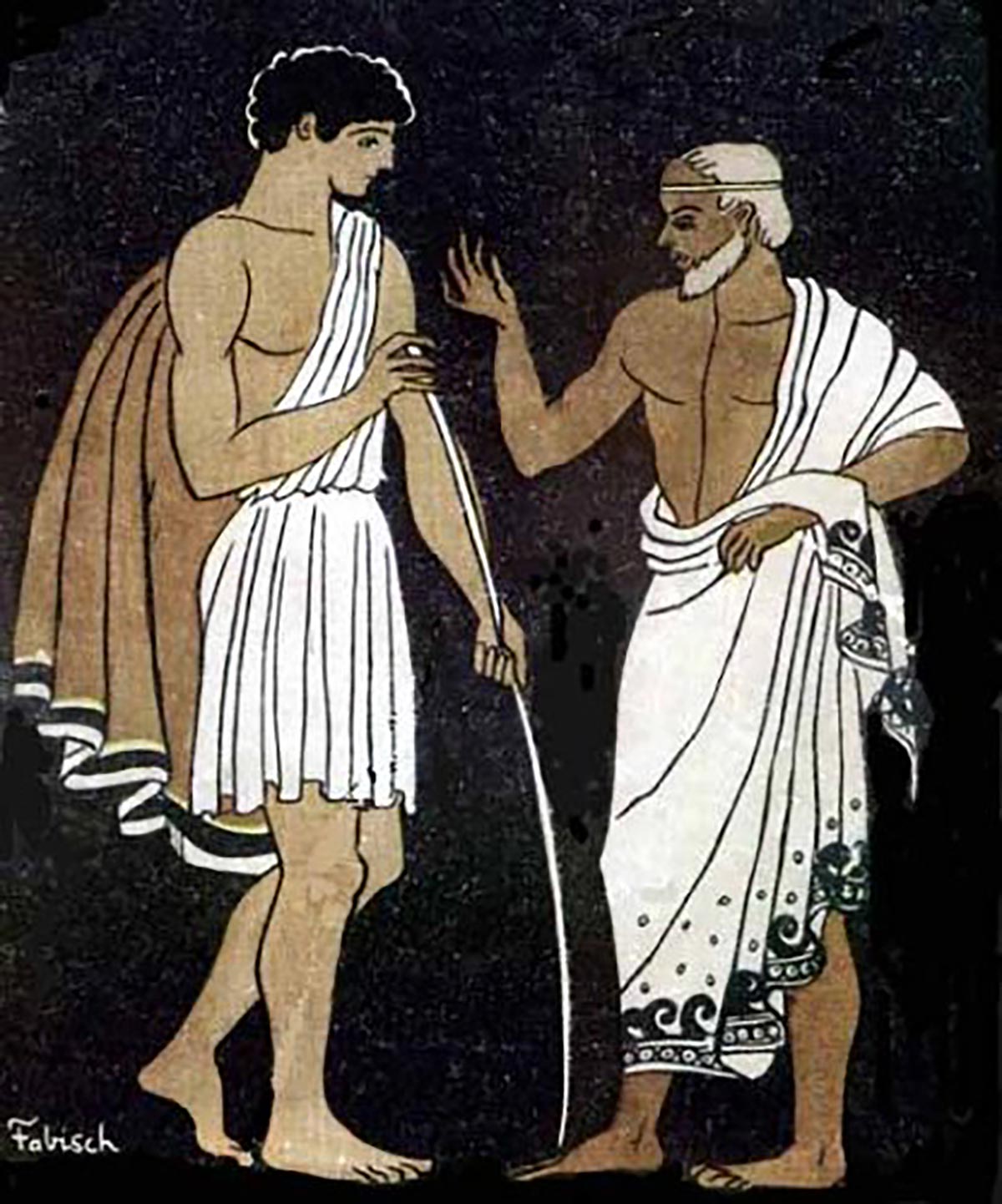 Description: a young man listens to an older, bearded man with white hair, who gestures as he speaks. Both wear white ancient Greek robes. The drawing is flat and stylized in a manner reminiscent of ancient Greek painting. The image is signed "Fabisch".
