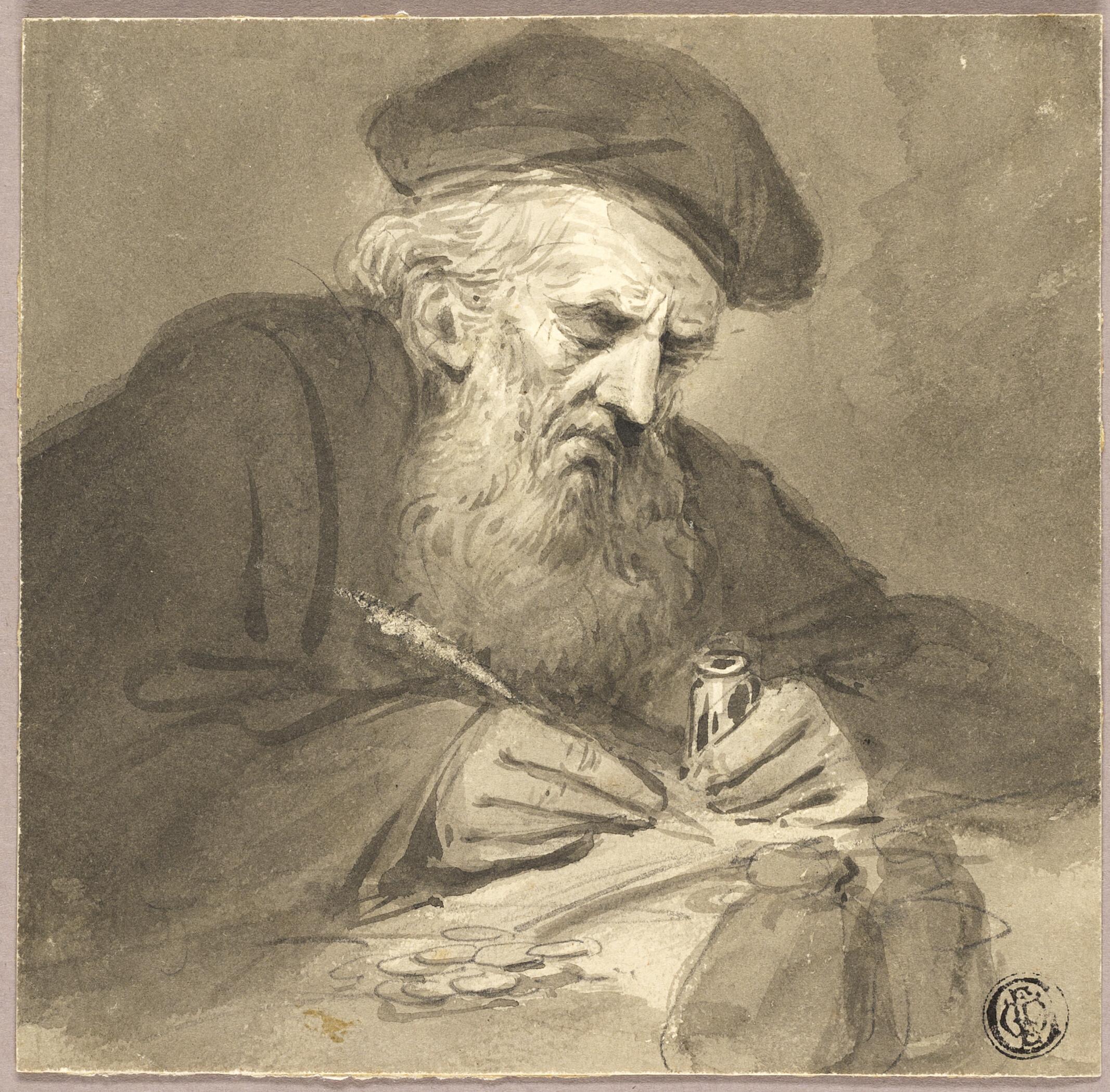 A grayscale ink drawing of a bearded old man writing with fountain pen and ink pot, wearing .