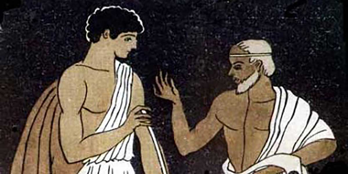 Description: Mentor and Telemachus. An ancient Greek painting of a tall young man instructed by an older man with a white beard, both in white robes.