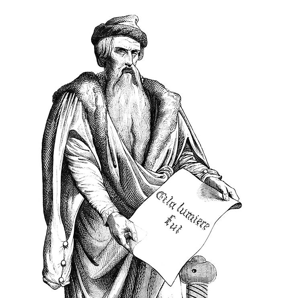 Etching of a Gutenberg in medieval clothing, standing by the screw of a printing press, holding a page. The inscription on the page he’s holding reads: Et la lumière fut (And light was made).