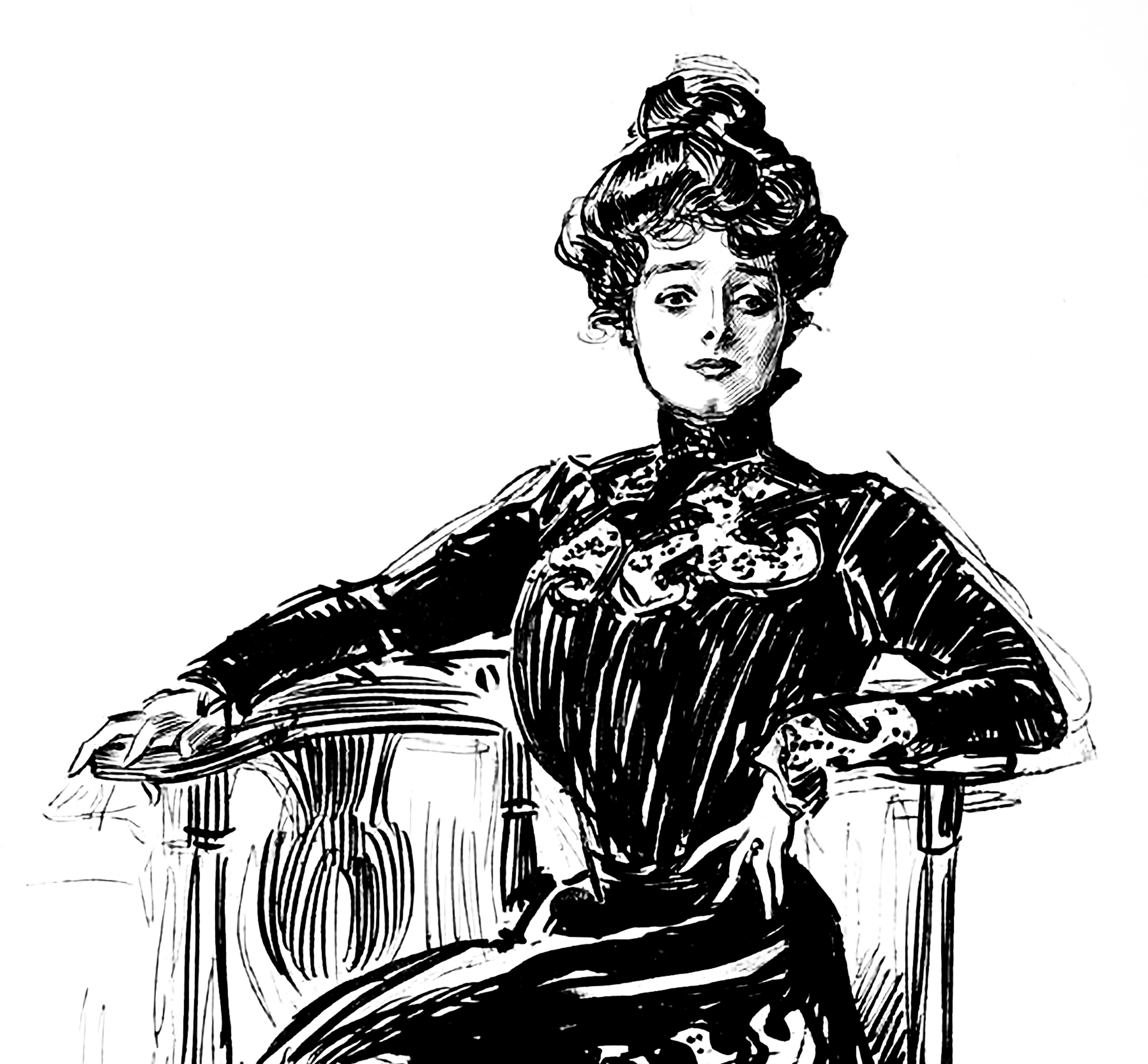 A black and white drawing, by Charles Dana Gibson circa 1900, of an elegant young lady in an old-fashioned high-collared dress