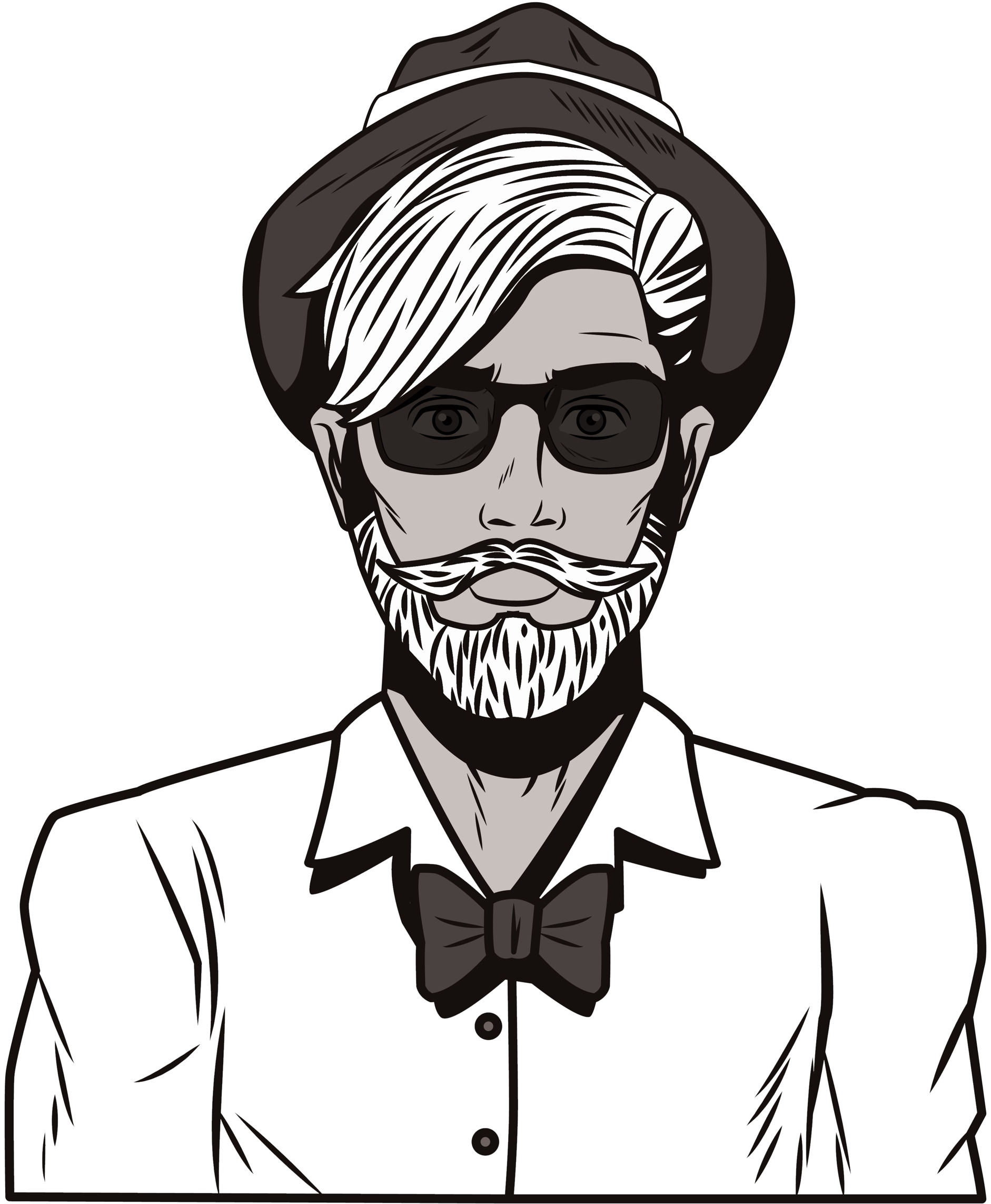A black and white drawing of a hip-looking young man with beard, pork pie hat, bow tie, and sunglasses