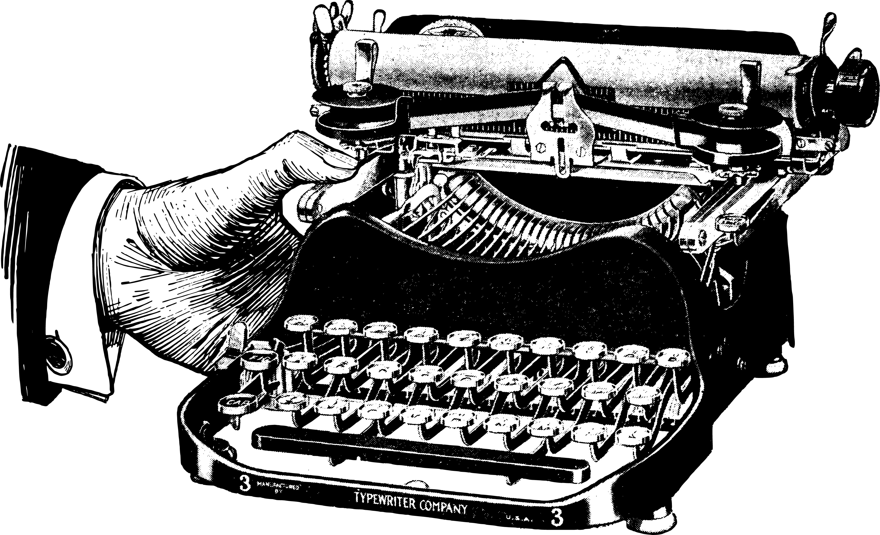 Black and white drawing of an old-fashioned typewriter, held by a man’s hand.