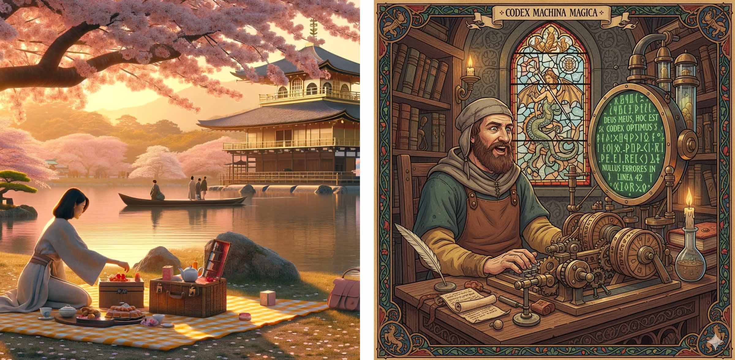 Left: art from the Dall-E home page. Right: my first Gemini image.