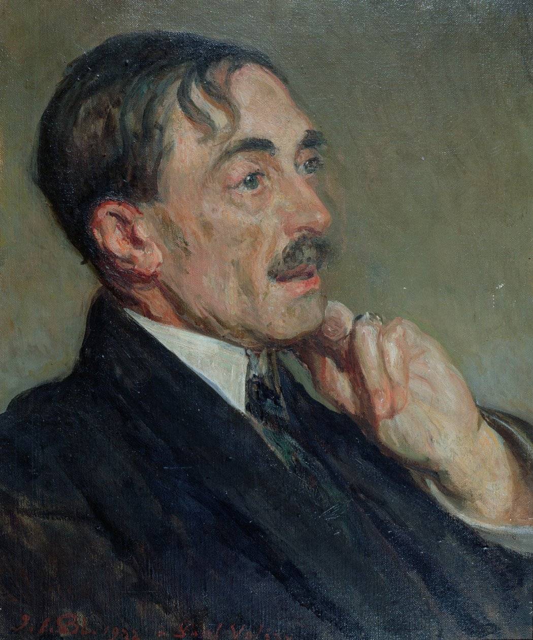 Painting of Paul Valery in a suit resting his chin in his hand, perhaps speaking or thinking
