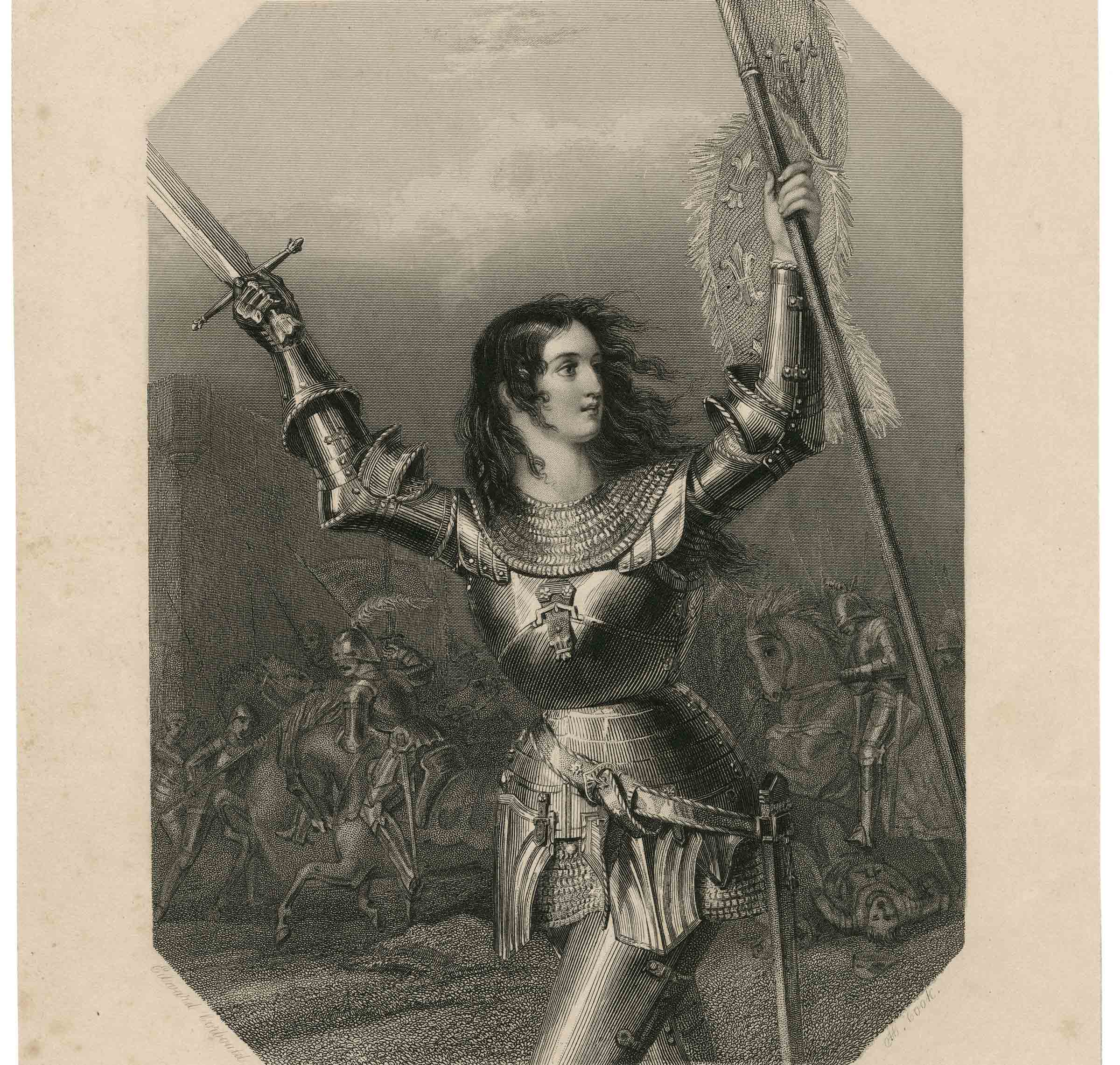 Engraving of a woman in armor, holding a sword and banner, leading an army